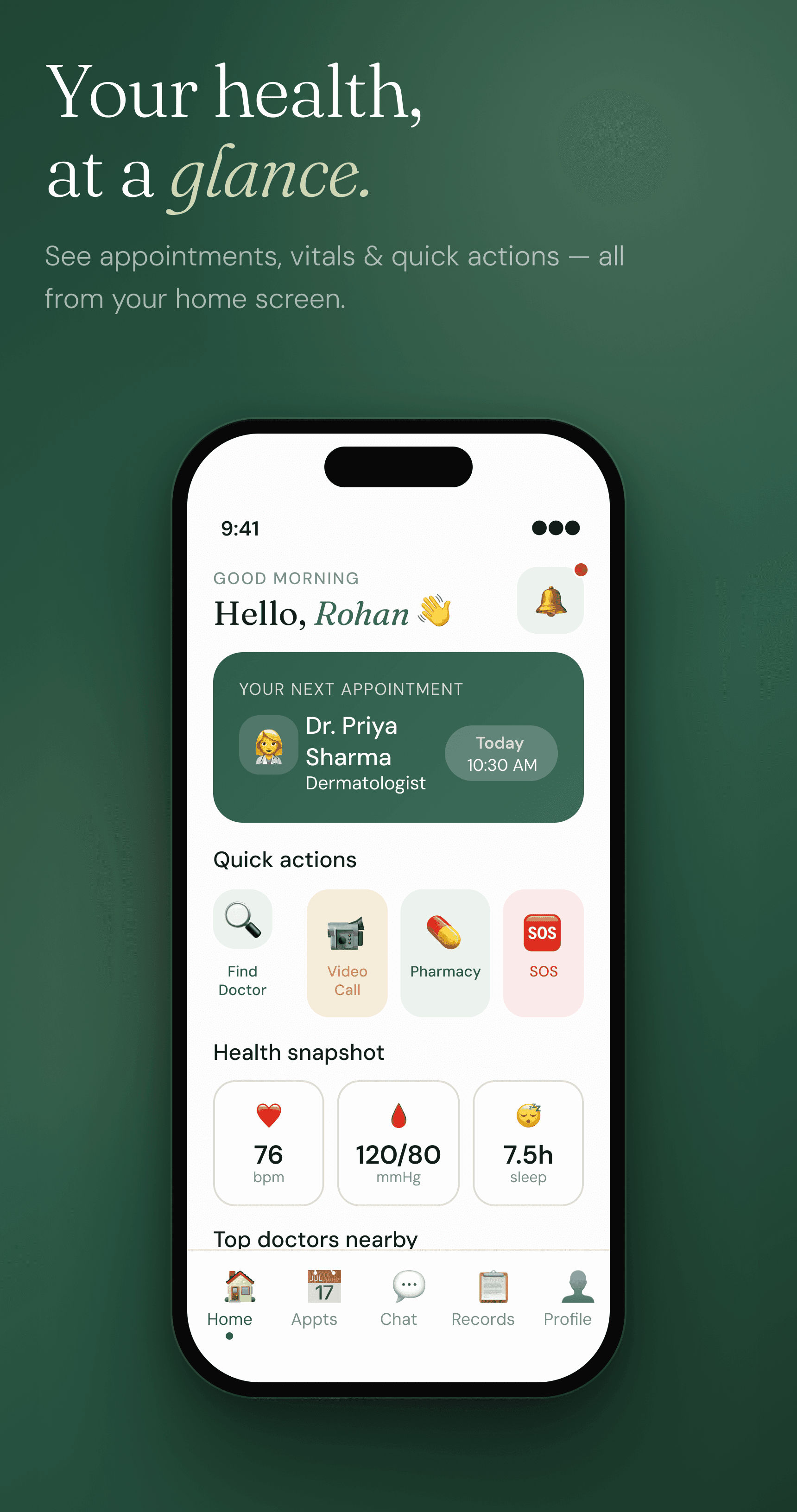 MedCare Healthcare Mobile App — Home Dashboard