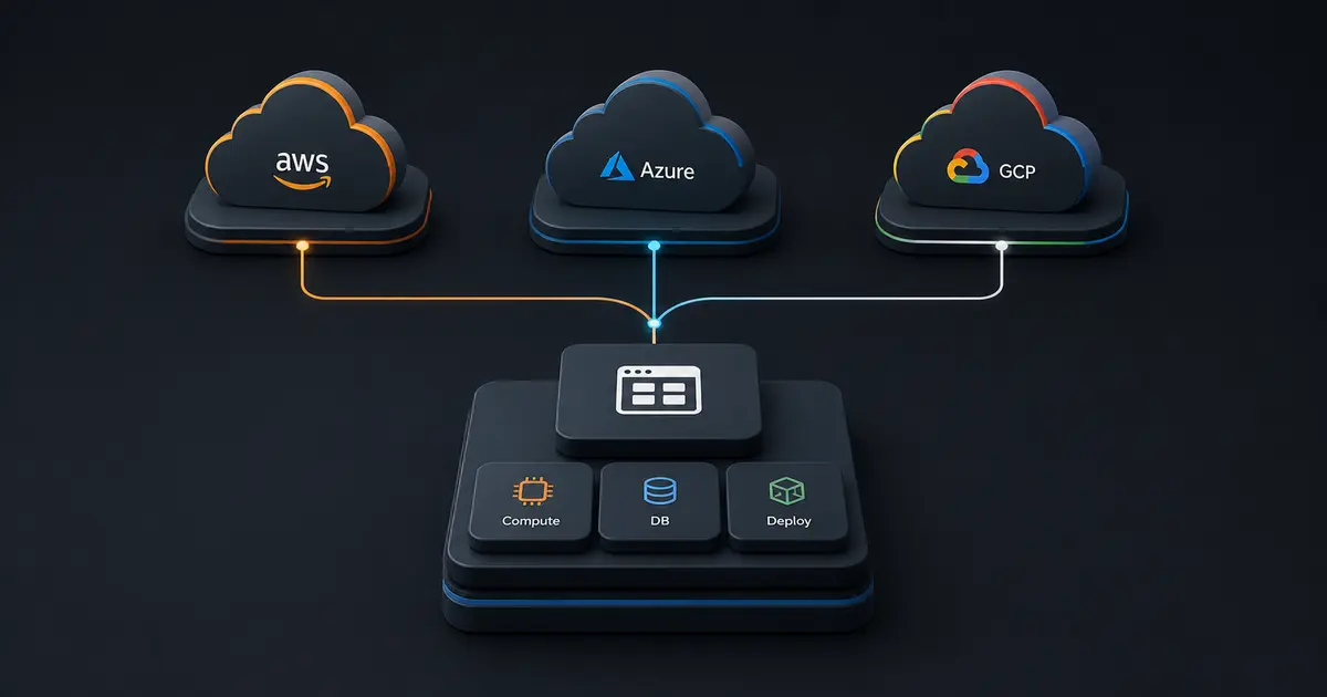 AWS, Azure, and Google Cloud nodes connected to a startup application stack with compute, database, and deployment modules