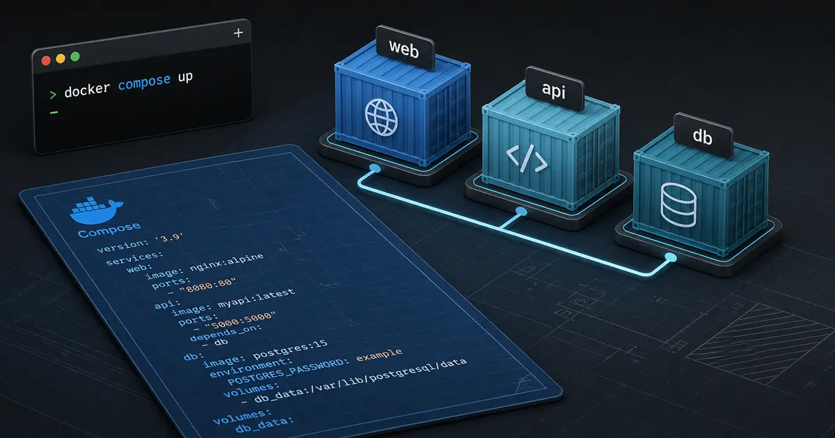 Docker Compose blueprint connected to web, API, and database containers with a docker compose up terminal command